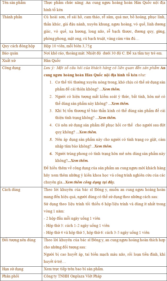 thành phần và công dụng của an cung nguu hoàn hàn quốc nội địa A030