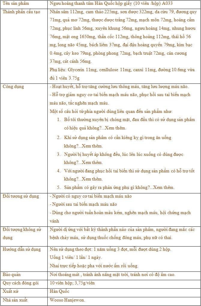 ttsp Ngưu hoàng thanh tâm Hàn Quốc hộp giấy (10 viên /hộp) A033 ttsp Ngưu hoàng thanh tâm Hàn Quốc hộp giấy (10 viên /hộp) A033